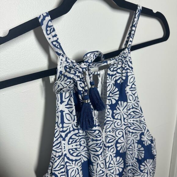 Vineyard Vines Women's Blue Mirrored Leaves Trapeze Tassel Halter Dress Size 4 - Picture 5 of 10
